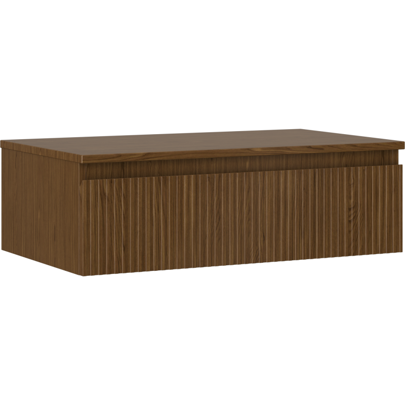 Servantskap 80 cm i valnøtt med riflet front og én skuff, sett fra skrått frontperspektiv.