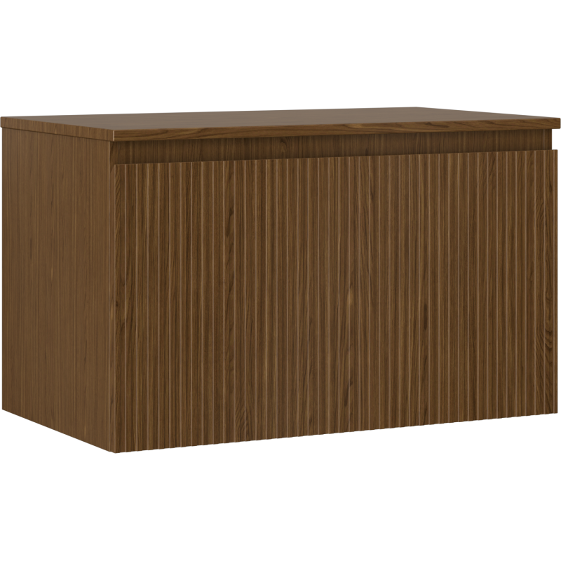 Servantskap 80 cm i valnøtt med riflet front og én skuff, sett fra skrått frontperspektiv.