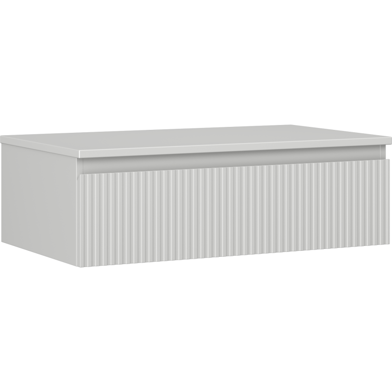 Servantskap 80 cm grå matt med riflet front og én skuff, vist fra skrå vinkel.