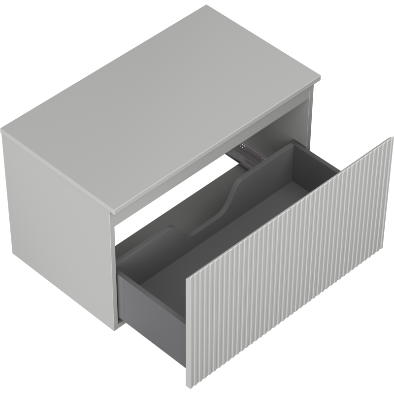 Servantskap uten vask 80 cm grå matt med én stor riflet skuff trukket ut, sett skrått ovenfra.