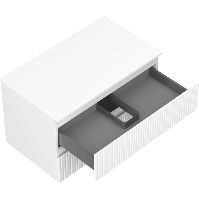 Servantskap uten vask 80 cm hvit matt med grå uttrekksskuff og rillede fronter sett skrått ovenfra.