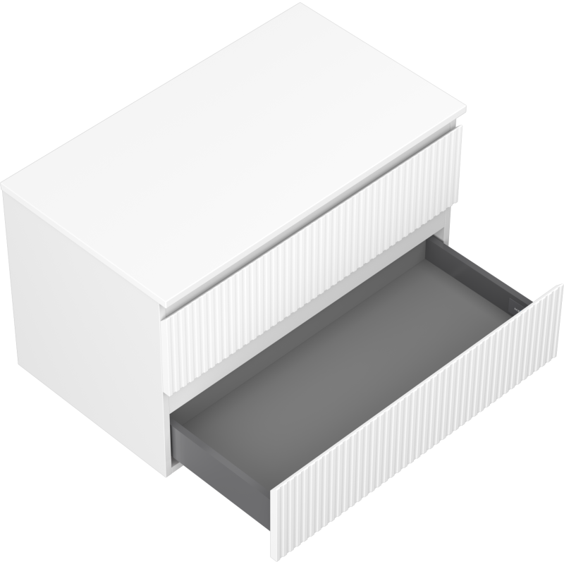 Servantskap til bad i hvit matt med to skuffer, én stor skuff delvis åpen og vertikale riller på fronten.