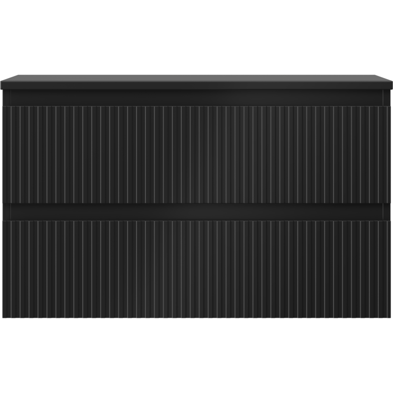 Underskap til servant i svart matt med riflet front og to horisontale skuffer, sett forfra.