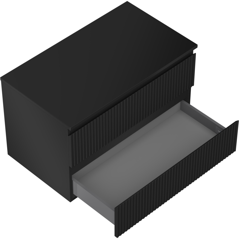 Servantskap til bad i svart matt med riflet front, én bred skuff trukket ut, sett skrått ovenfra.