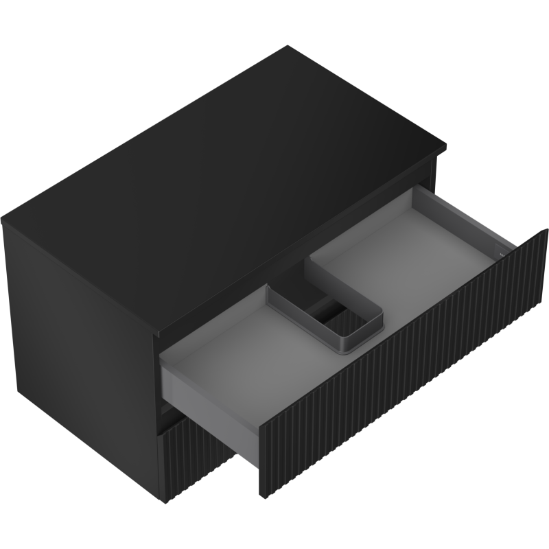 Servantskap uten vask 80 cm svart matt med riflet front, åpen skuff og grå organiseringsinnsats.