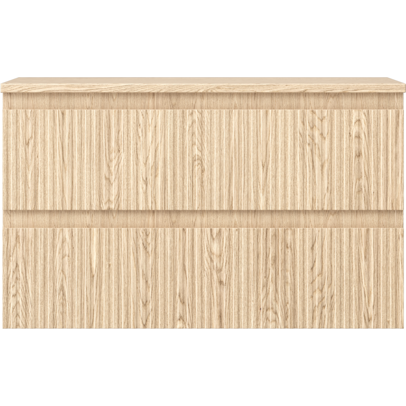 Underskap til servant i lyst eik med riflet front og to brede skuffer uten håndtak, sett forfra.