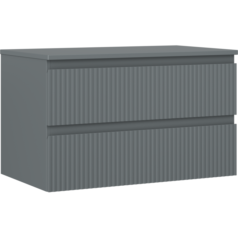 Servantskap 80 cm i grafitt matt med to skuffer og vertikale riller, sett fra skrå vinkel.