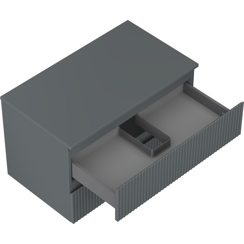 Servantskap uten vask 80 cm grafitt matt med uttrekt skuff og synlig skuffeinndeling.