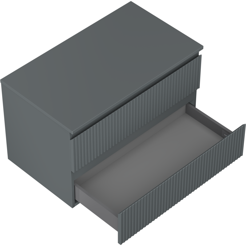 Servantskap til bad i grafitt matt med to skuffer og vertikale riller, én skuff trukket ut.