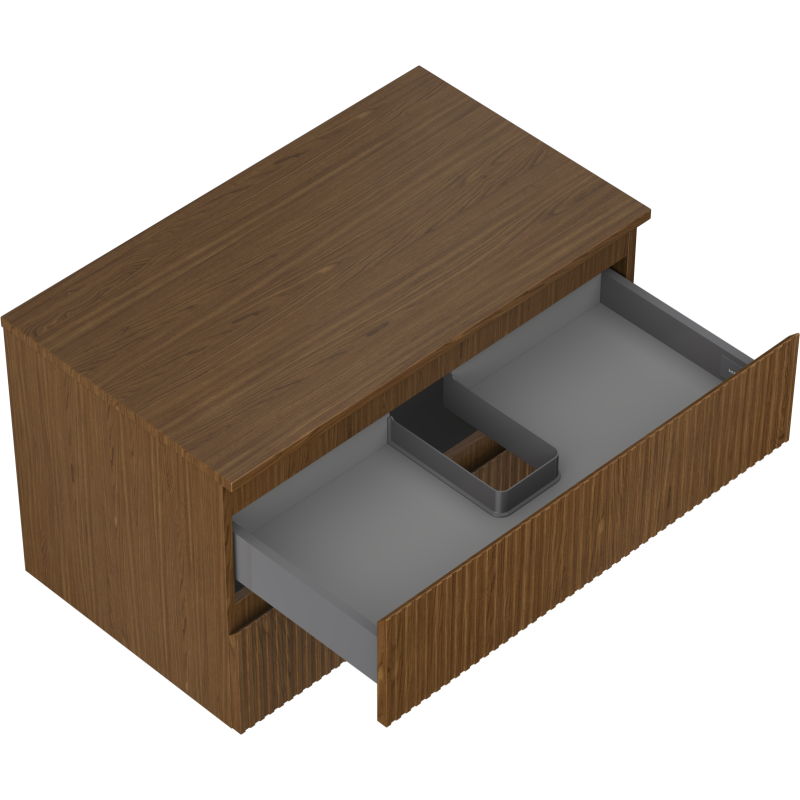 Servantskap uten vask 80 cm Mexen Rivel i valnøtt med riflet front og åpen grå skuff med rominndeler.