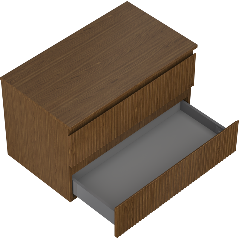 Servantskap til bad i valnøtt med riflet front, to skuffer hvor nederste skuff er trukket ut.