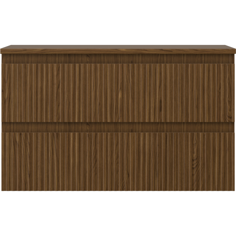 Underskap til servant i valnøtt med riflet front og to skuffer uten håndtak, sett forfra.