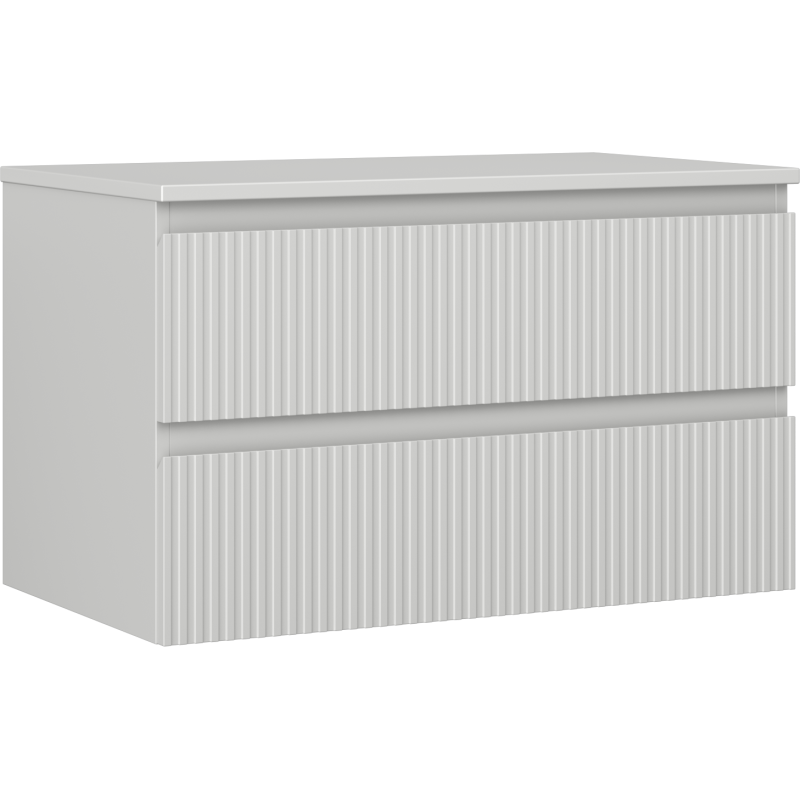Servantskap 80 cm grå matt med to skuffer og vertikale riller, sett fra skrå vinkel.