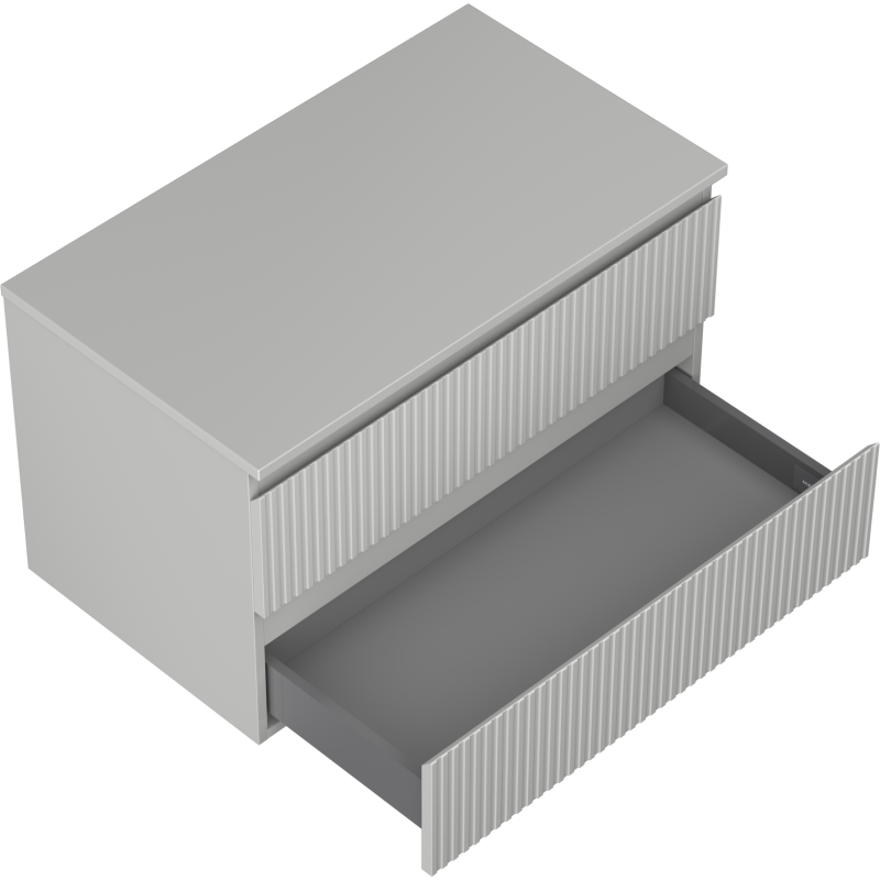 Servantskap til bad 80 cm grå matt med to skuffer, nederste skuff åpen, sett i skrått fugleperspektiv.