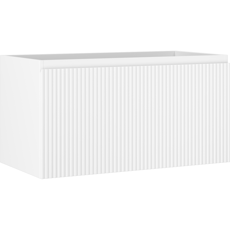 Servantskap 90 cm hvit matt med riflet front og én skuff, skrå vinkel mot nøytralt bakteppe.