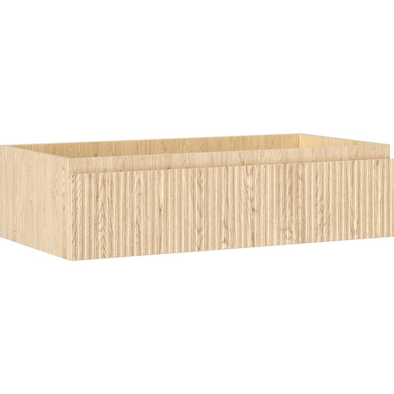 Servantskap 90 cm i lys eik med riflet front og én skuff, vist fra skrått frontperspektiv.