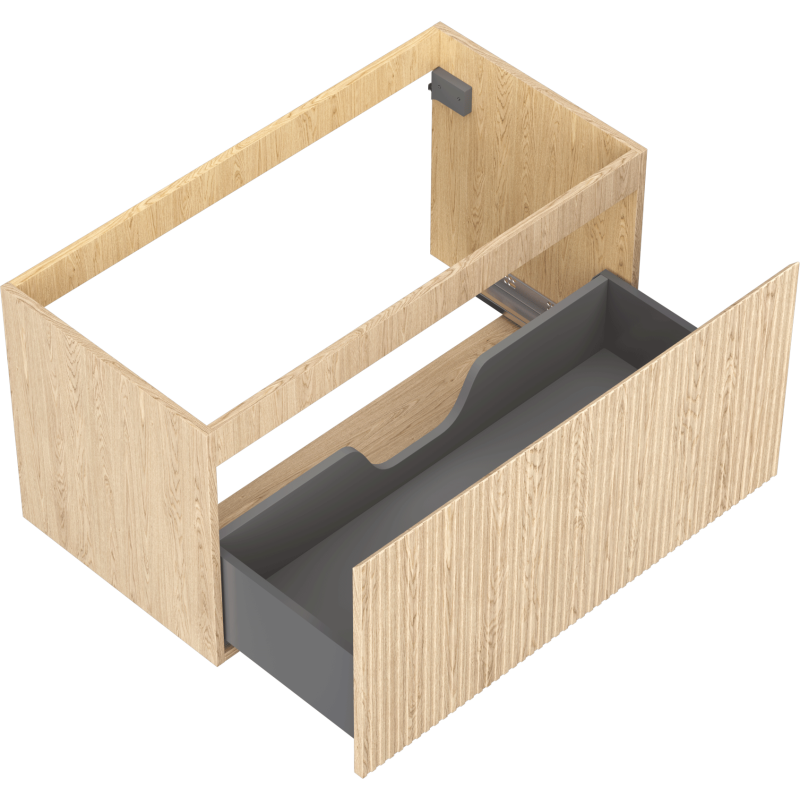 Servantskap uten vask i eik med én riflet skuff, vist ovenfra med grå innside og utsparing for rør.
