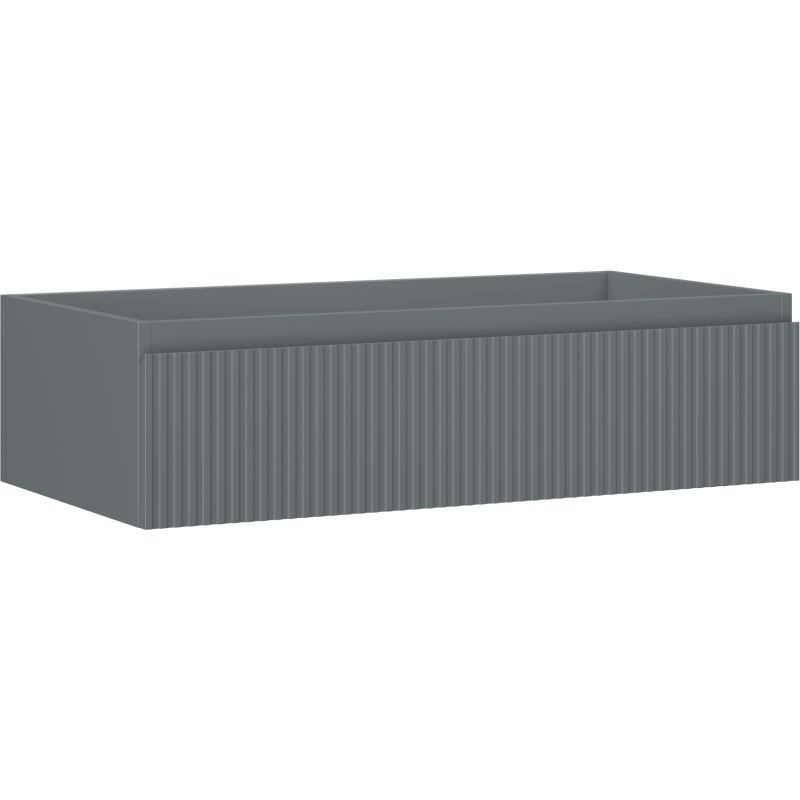 Servantskap 90 cm grafitt matt med rillet front og én skuff, sett fra skrå vinkel.