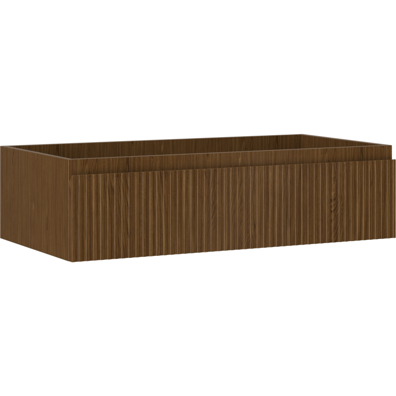 Servantskap 90 cm i valnøtt med riflet front og én skuff, sett fra skrå vinkel.