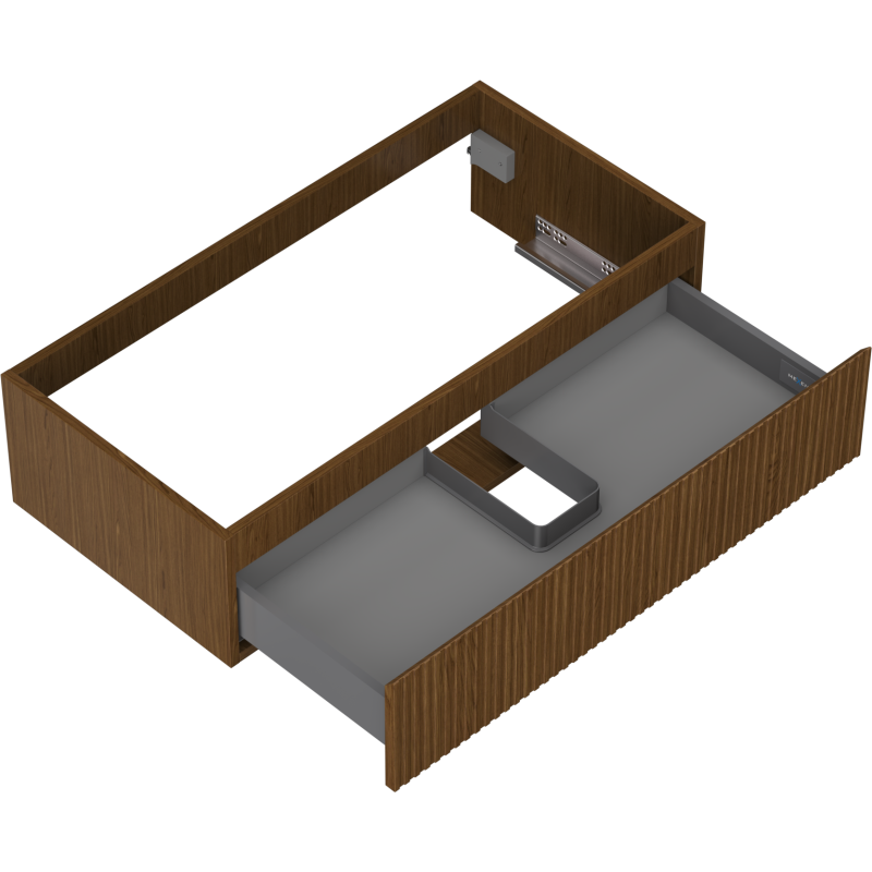 Servantskap uten vask 90 cm Mexen Rivel i valnøtt med riflet front og grå skuffeinnsats.