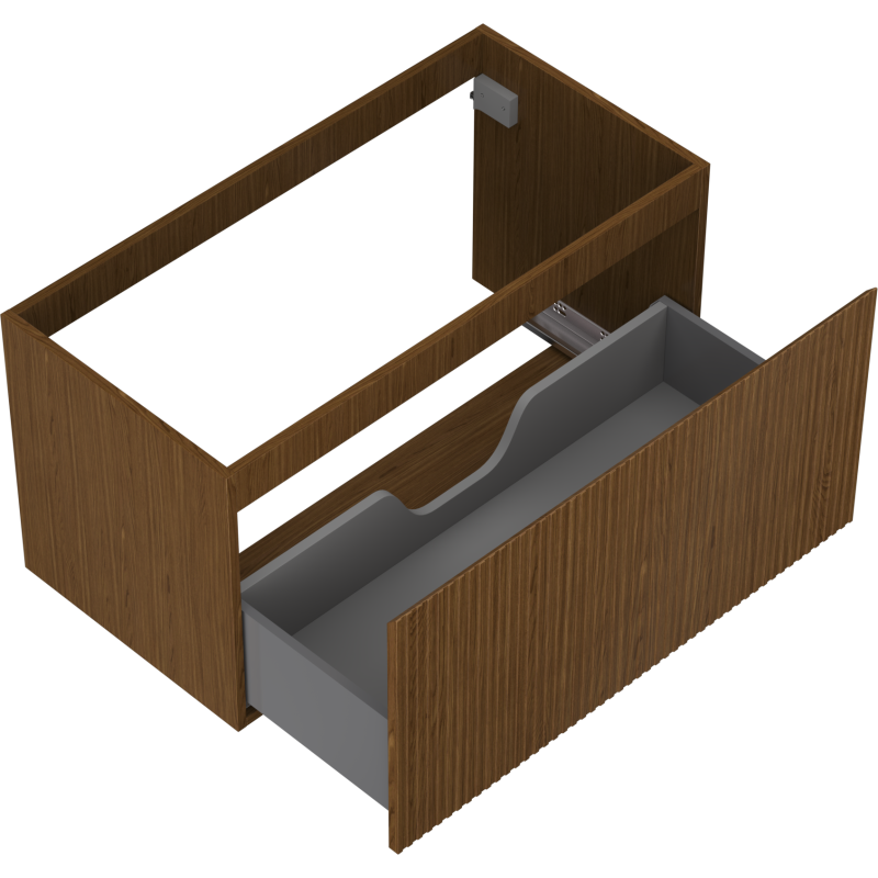 Servantskap uten vask i valnøtt med riflet front, én åpen skuff og grå innside, sett skrått ovenfra.