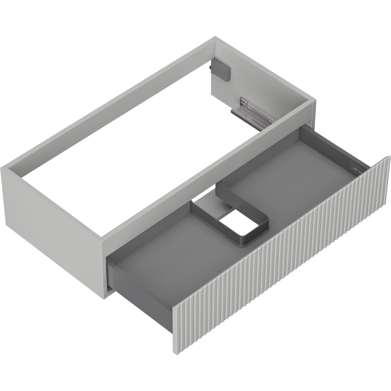 Servantskap uten vask 90 cm grå matt med rillet front, åpen skuff og utsparing for rørføring.