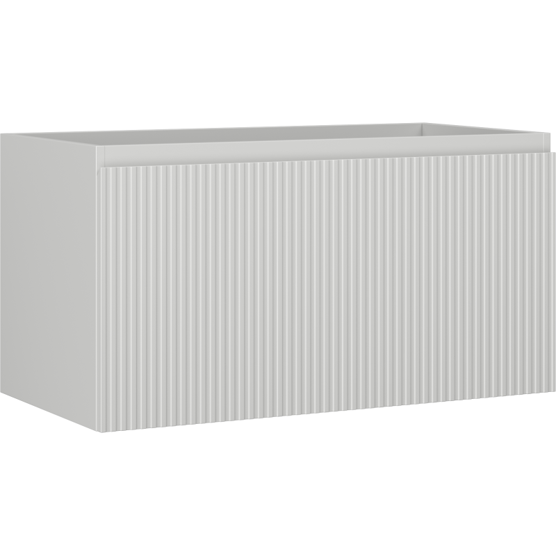 Servantskap 90 cm grå matt med riflet front, én skuff, sett fra skrå vinkel uten håndtak eller ben.