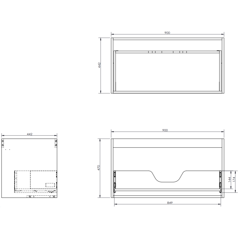 Servantskap til bad teknisk tegning av Mexen Rivel 90 cm med mål og riflet front.
