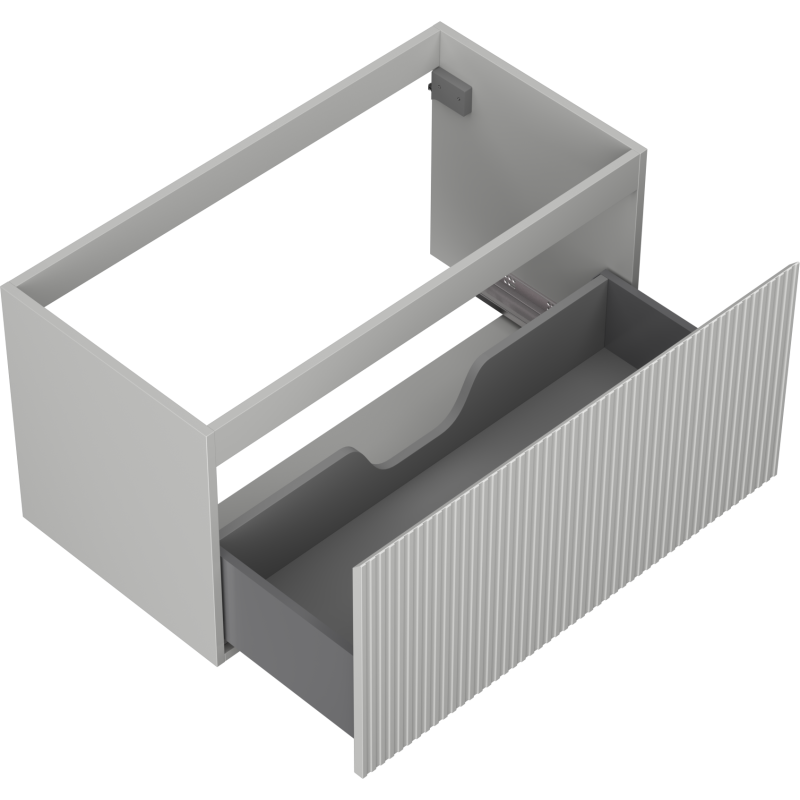 Servantskap uten vask grå matt 90 cm med åpen skuff, riflet front og utsparing for røropplegg.