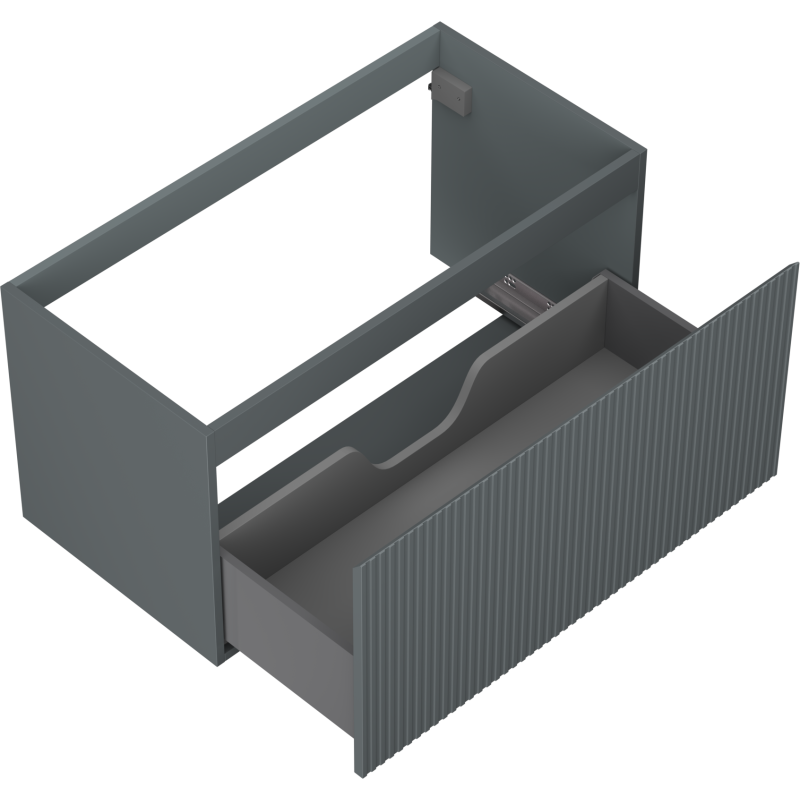 Servantskap uten vask 90 cm Mexen Rivel i grafitt matt med én skuff og ribbet front, sett skrått ovenfra.