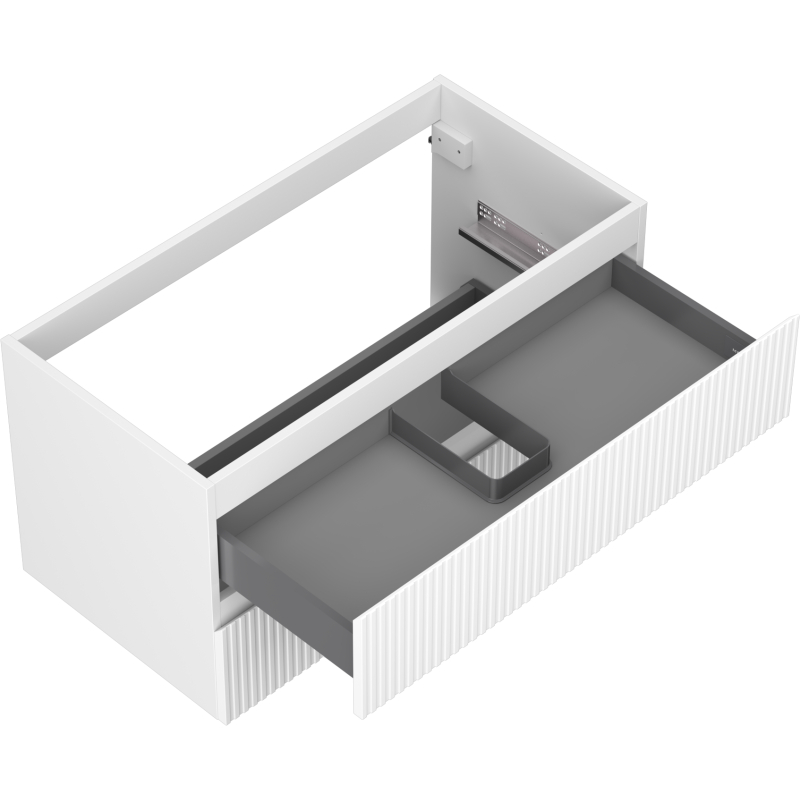Servantskap uten vask 90 cm hvit matt med to skuffer og riflet front, sett skrått ovenfra.