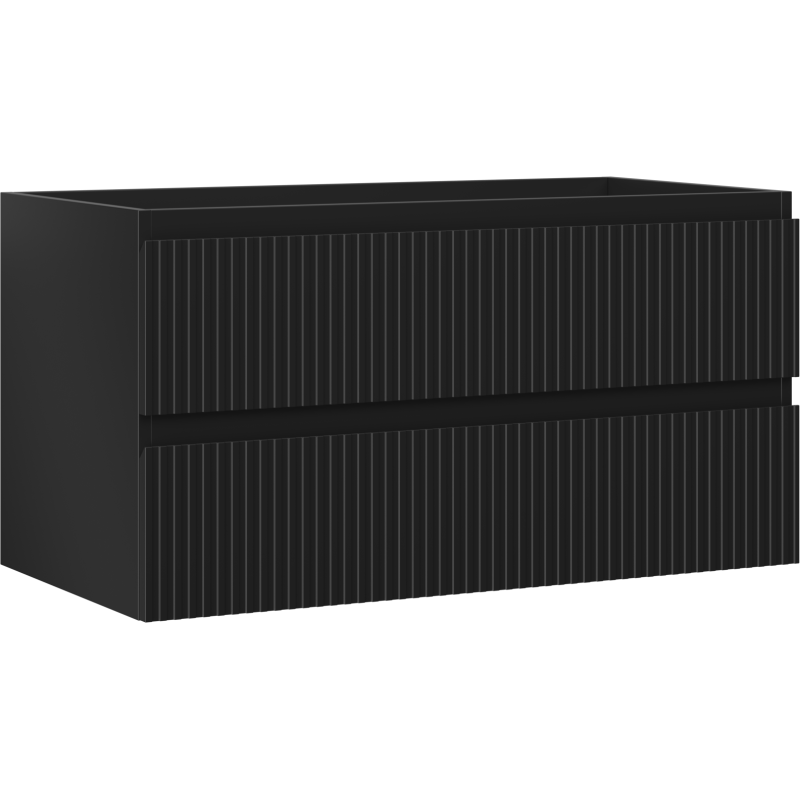 Servantskap 90 cm svart matt med to skuffer og vertikale riller, sett fra skrå vinkel.