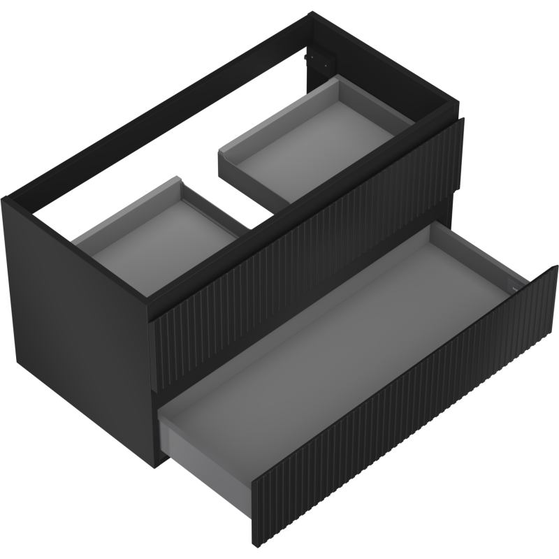 Servantskap til bad 90 cm svart matt med rillete fronter og åpne skuffer, sett ovenfra.