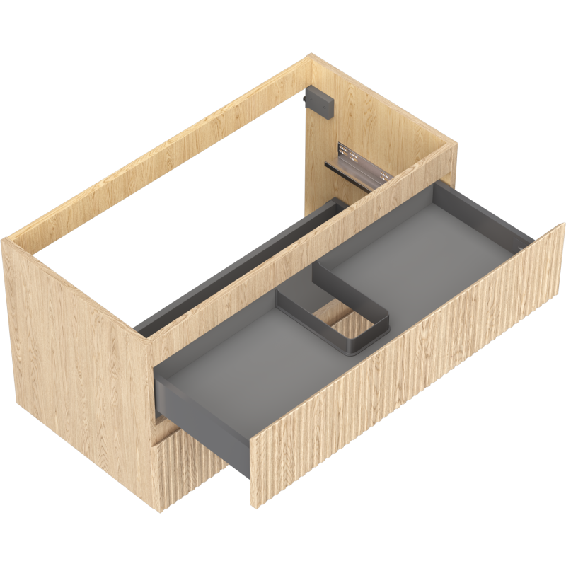 Servantskap uten vask 90 cm i eik med to skuffer, riflet front og åpen grå skuff med avdeler.