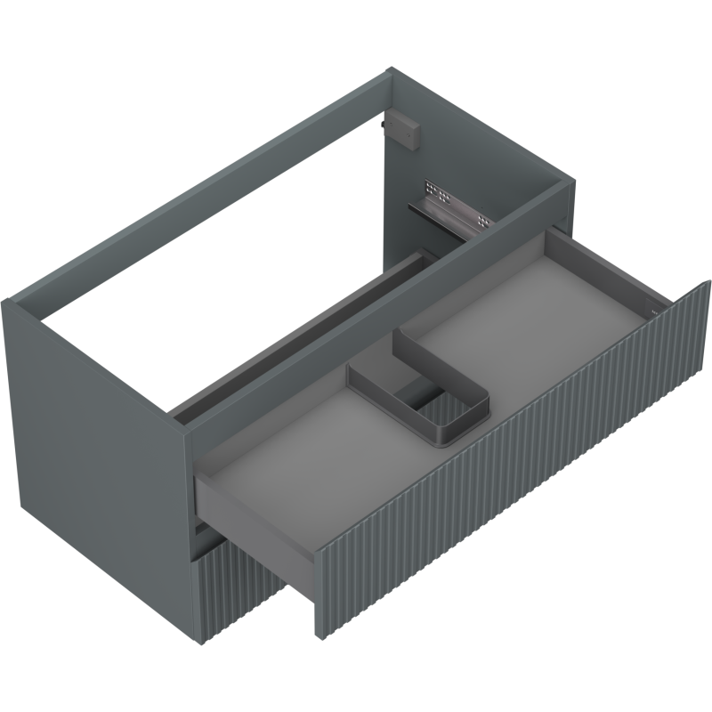 Servantskap uten vask 90 cm grafitt matt med åpen skuff og rillemønstret front, sett ovenfra.