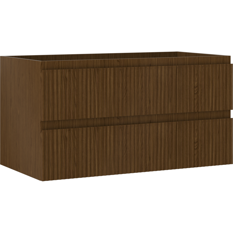 Servantskap 90 cm i valnøtt med riflet front og to skuffer, sett skrått forfra uten synlige håndtak.