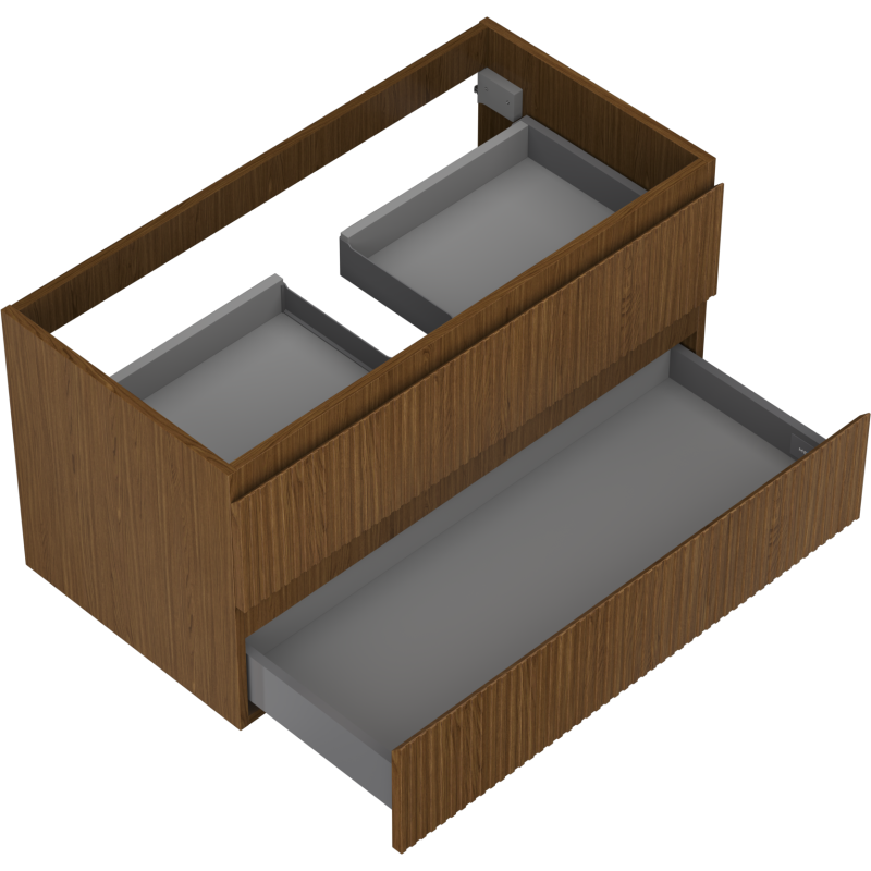 Servantskap til bad i valnøtt med to grå skuffer, øverste med inndeling, sett i vinkel ovenfra.