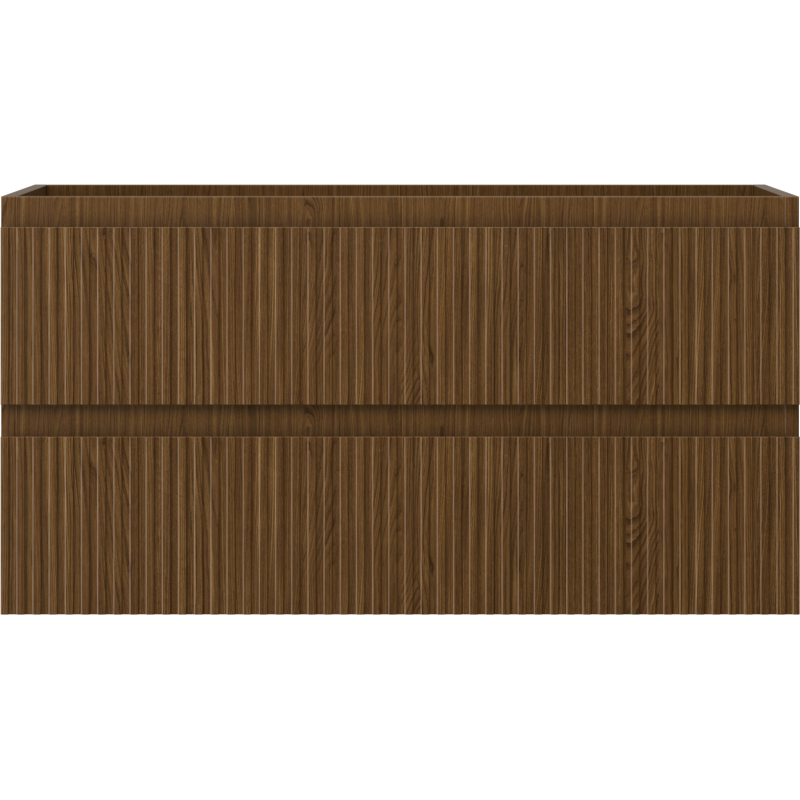 Underskap til servant i valnøtt med riflet front og to skuffer, vist rett forfra uten synlige håndtak.