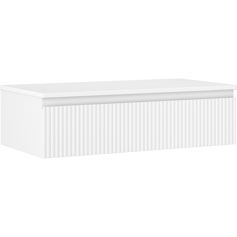 Servantskap 90 cm hvit matt med én skuff og vertikale riller på fronten, sett fra skrå vinkel.