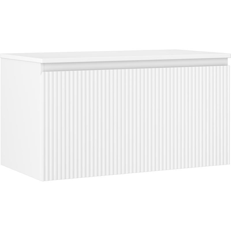 Servantskap 90 cm hvit matt med riflet front og én skuff, sett fra skrå vinkel.