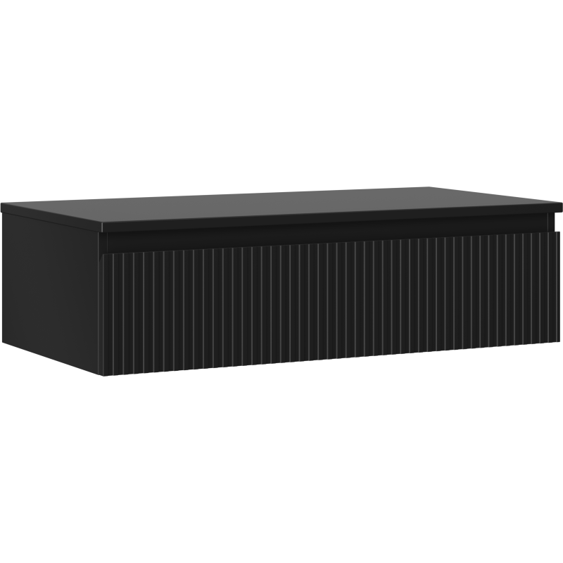 Servantskap 90 cm svart matt med én skuff og vertikale riller, sett fra skrå vinkel.