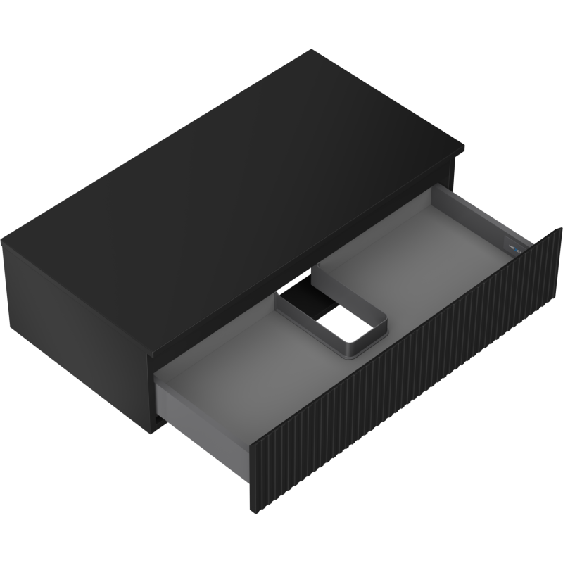 Servantskap uten vask svart Mexen Rivel 90 cm med åpen skuff og ribbet front, sett ovenfra.