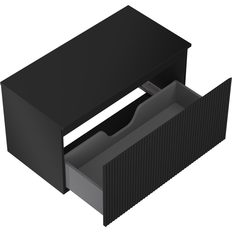 Servantskap uten vask 90 cm Mexen Rivel svart matt med én stor skuff og rillede detaljer.