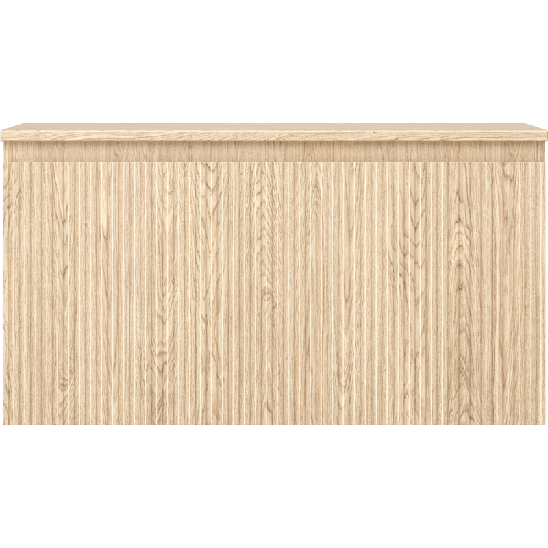 Underskap til servant i eik med riflet front og én skuff, sett rett forfra uten synlige håndtak.