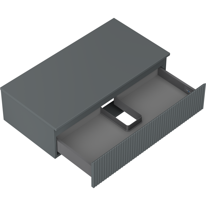 Servantskap uten vask 90 cm grafitt matt med åpen skuff og rillet front, sett ovenfra.