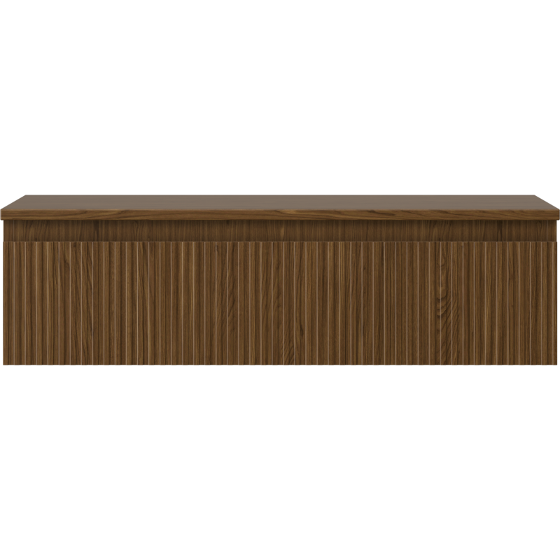 Underskap til servant i mørk valnøtt med riflet front og én skuff, sett rett forfra.