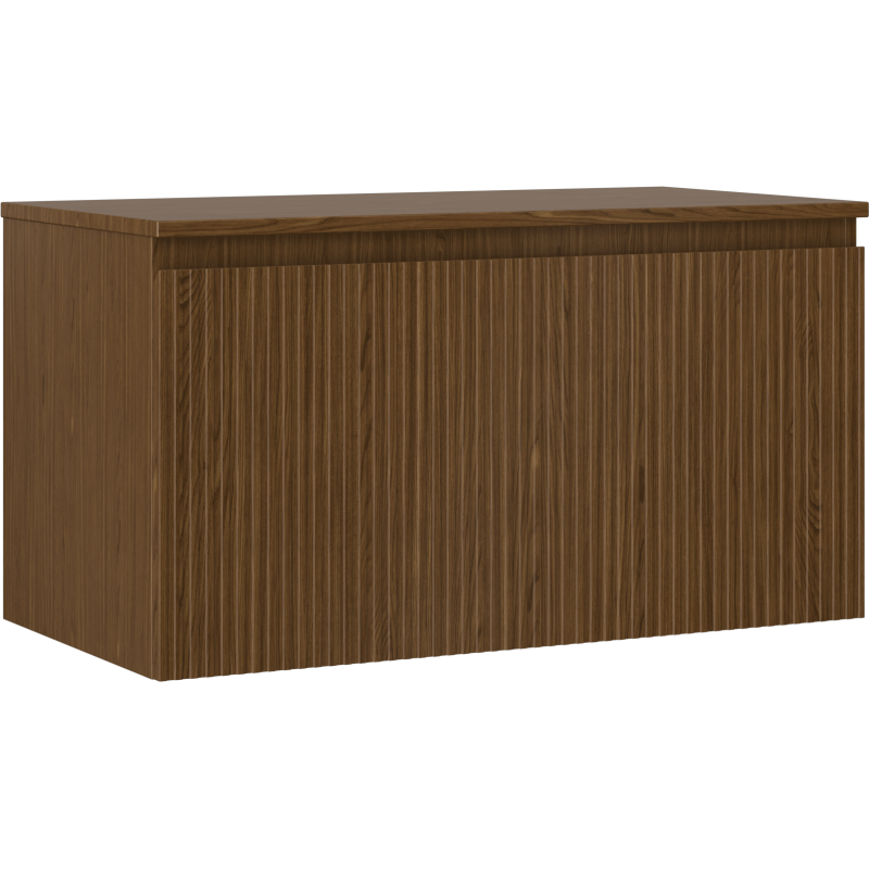 Servantskap 90 cm i valnøtt med riflet front, én skuff og glatt topplate, sett fra skrå vinkel.