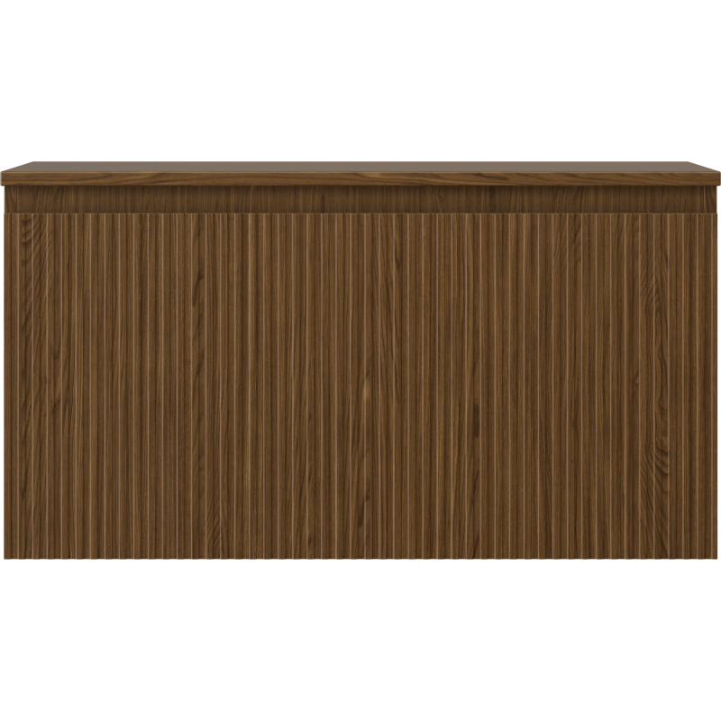 Underskap til servant i valnøtt med riflet front og én skuff, sett rett forfra.