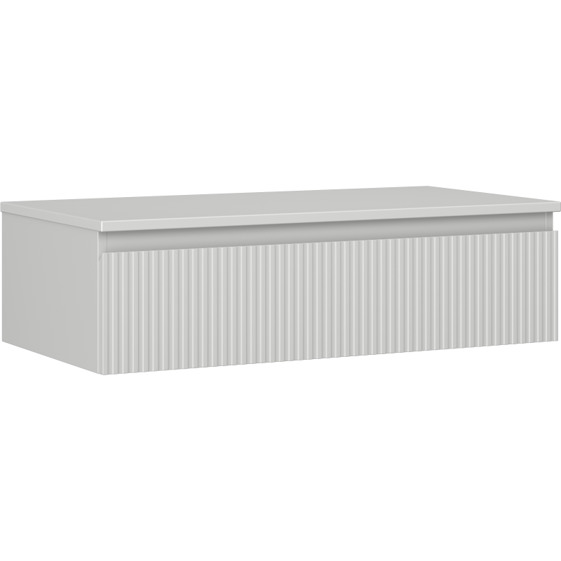 Servantskap 90 cm grå matt med én riflet skuffefront, sett skrått forfra fra venstre side.