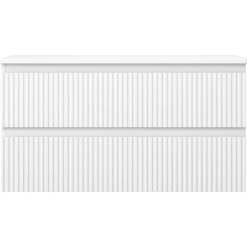 Underskap til servant Mexen Rivel 90 cm i hvit matt med vertikale metallriller, sett forfra.